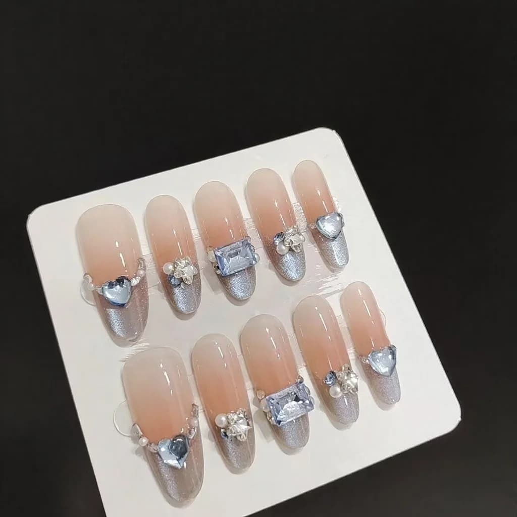 Kuku Palsu Blue Amber Cat Eye Hujung Perancis Batu Permata Bujur Panjang