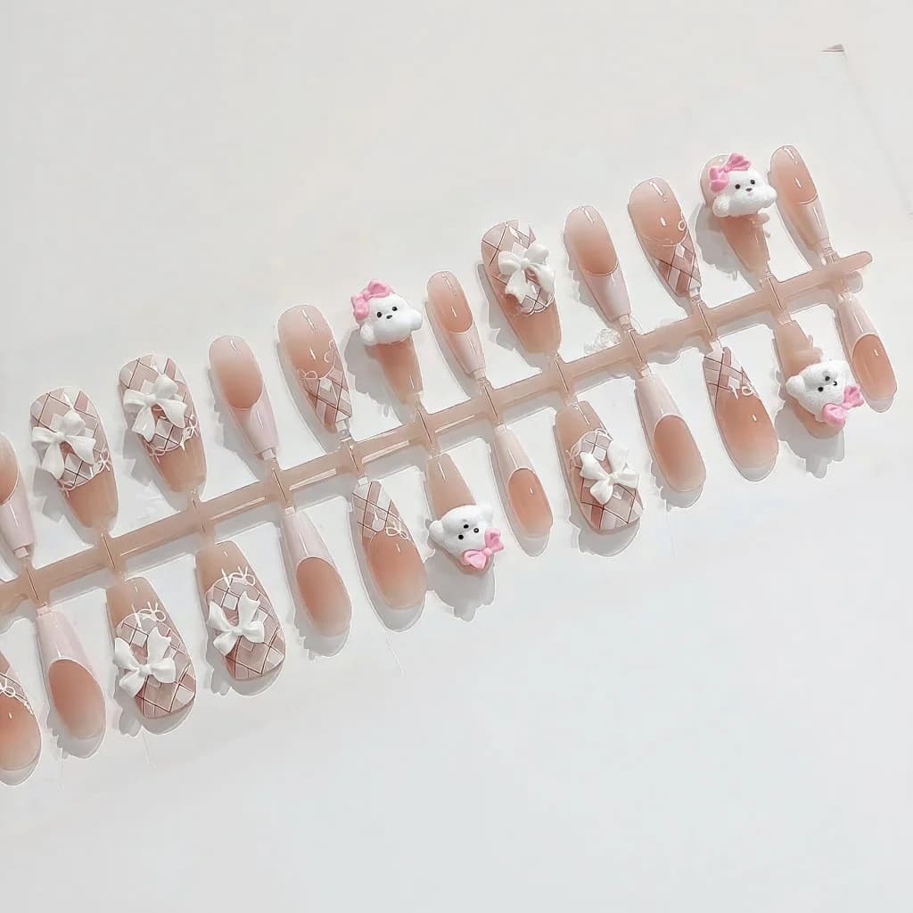 Kuku Palsu Tekan Teddy Dog, Rekaan Hujung Perancis Comel, 30 Keping