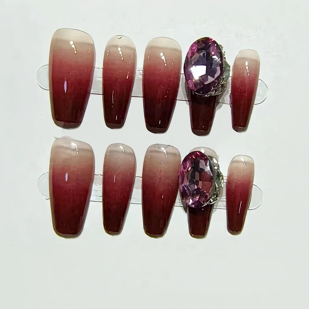 Kuku Palsu Tekan Cinnabar Merah Ombre Gradient Bentuk Keranda Sederhana