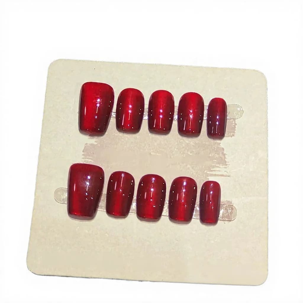 Set Manikur Glitter Kuku Tekan Mata Kucing Merah Pendek Segi Empat