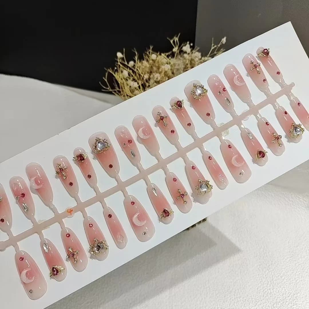 Kuku Palsu Tekan dengan Batu Permata Bentuk Stiletto Panjang 30 Keping