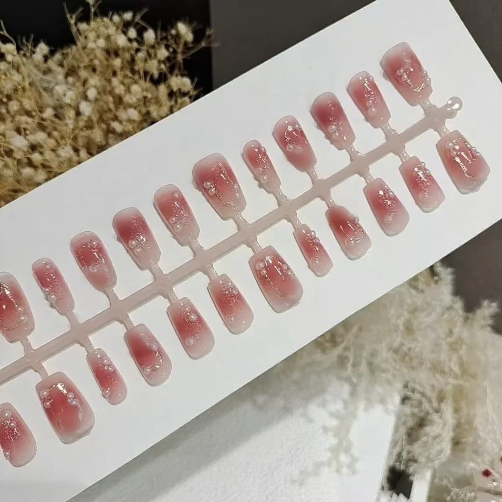 Kuku Palsu Pendek Coffin Plum Blush Corak Bunga Rama-rama 30 Keping