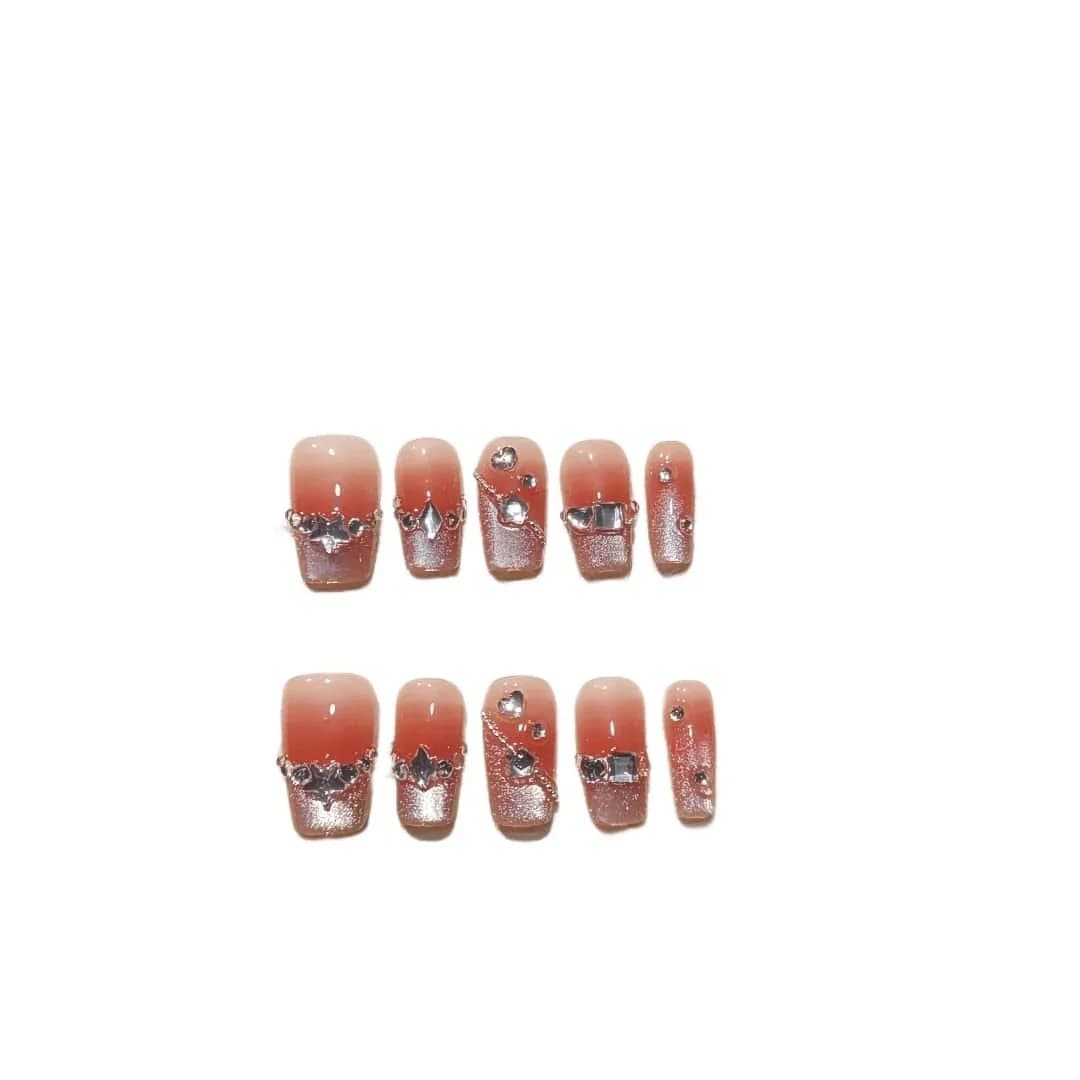 Kuku Palsu Pendek Square Cat Eye Blush French Tip dengan Berlian Imitasi