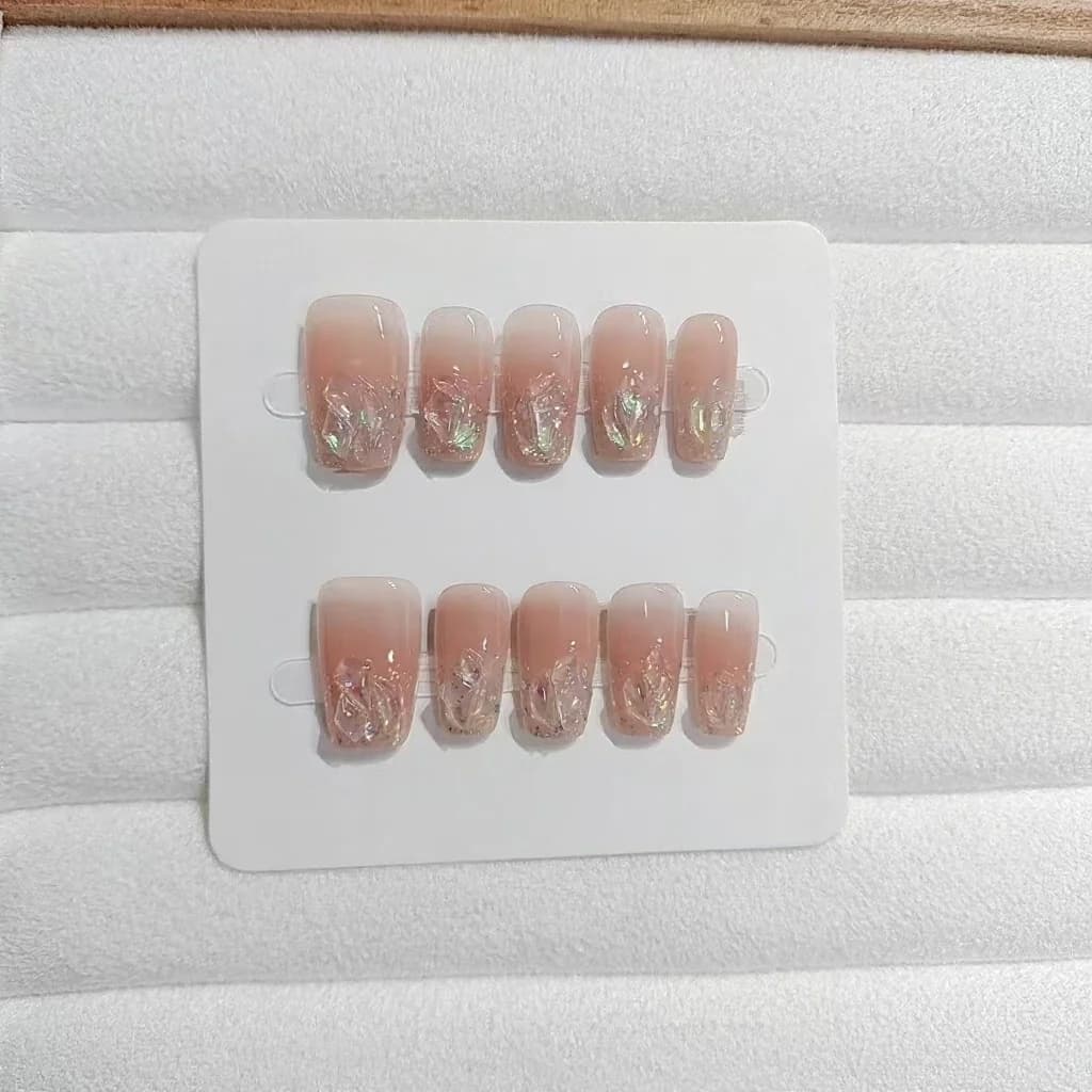 Set Kuku Palsu Pendek Sederhana Coffin Glitter Berlian Tiruan Merah Jambu Pucat