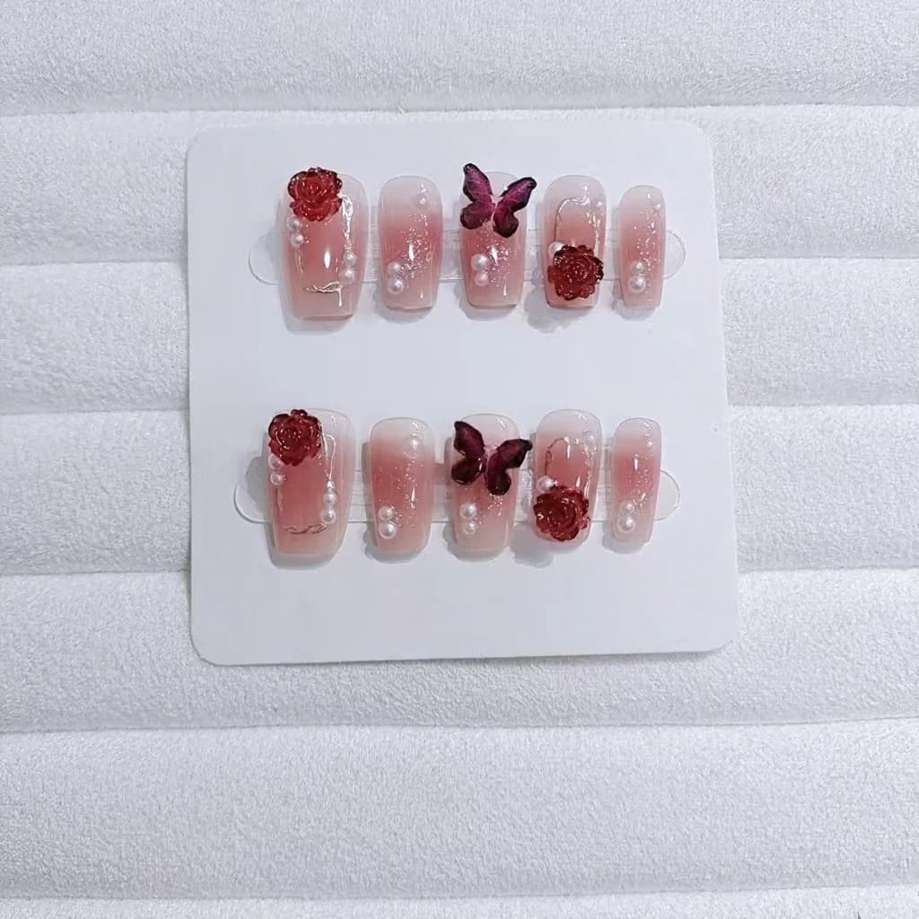 Kuku Palsu Pendek Bentuk Coffin Ombre Plum Blush Corak Bunga 10 Keping