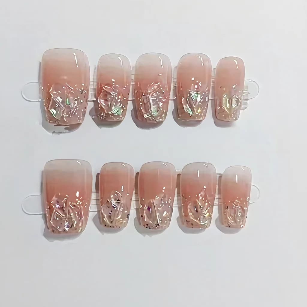 Set Kuku Palsu Pendek Sederhana Coffin Glitter Berlian Tiruan Merah Jambu Pucat