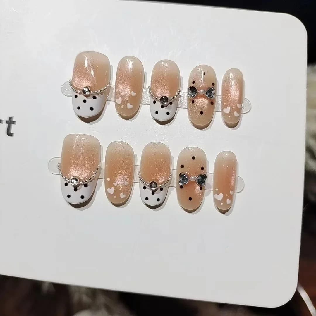 Kuku Palsu Tekan Pendek Oval Polka Dot Mutiara Cat Eye Berkilau