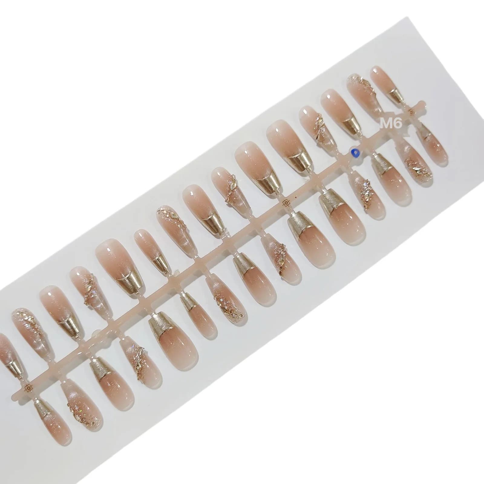 Kuku Palsu French Tip dengan Rim Emas dan Glitter, 30 Keping