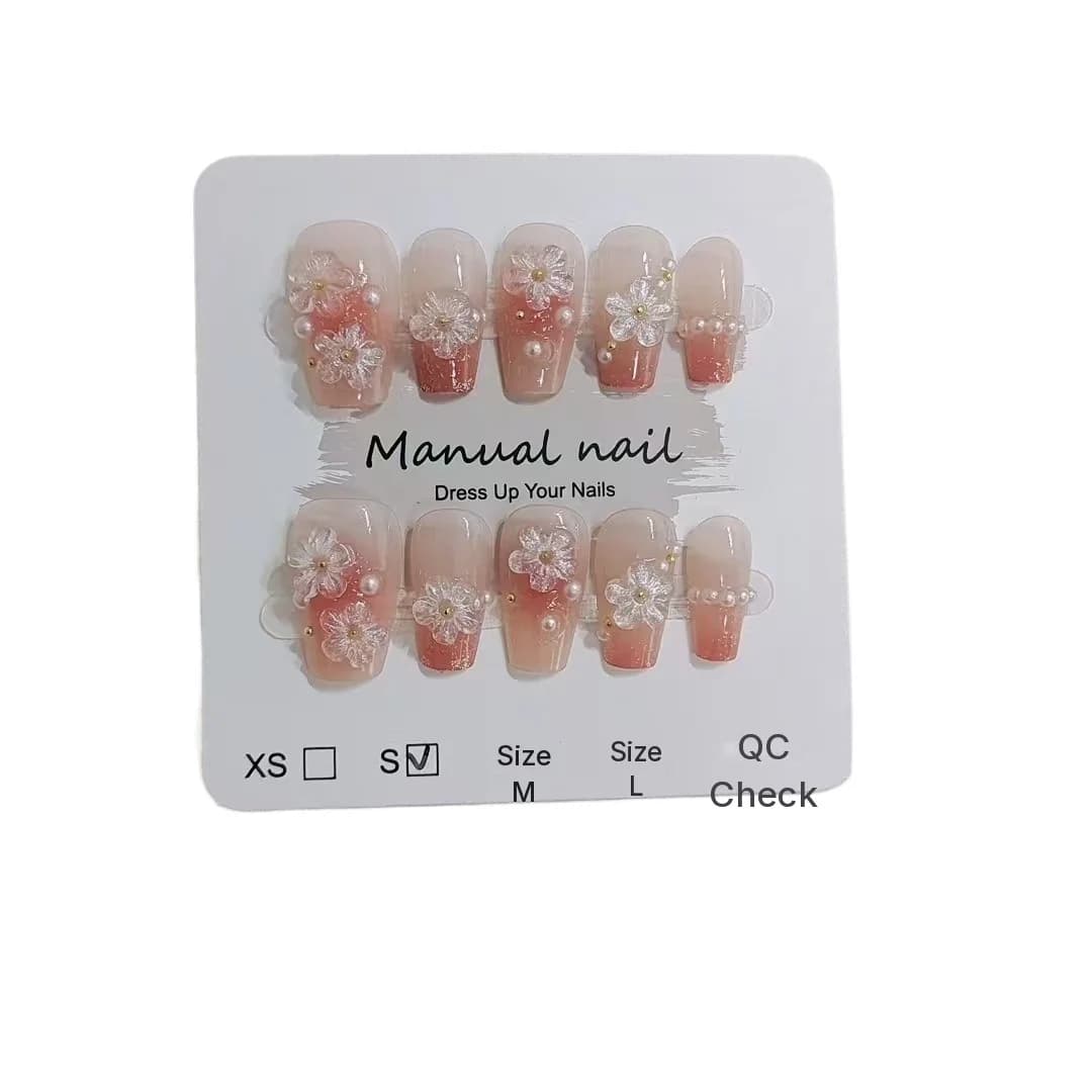 Kuku Palsu Corak Bunga Bentuk Coffin Pendek Reka Bentuk Blush Comel 10 Keping