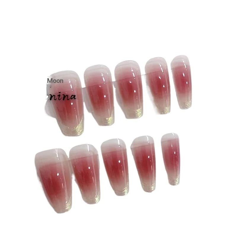Kuku Palsu Coffin Panjang Sunset Blush dengan Salutan Chrome Moonlight