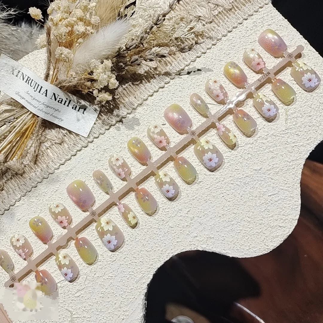 Kuku Palsu Tekan Mata Kucing Corak Bunga Bentuk Ballerina Pendek