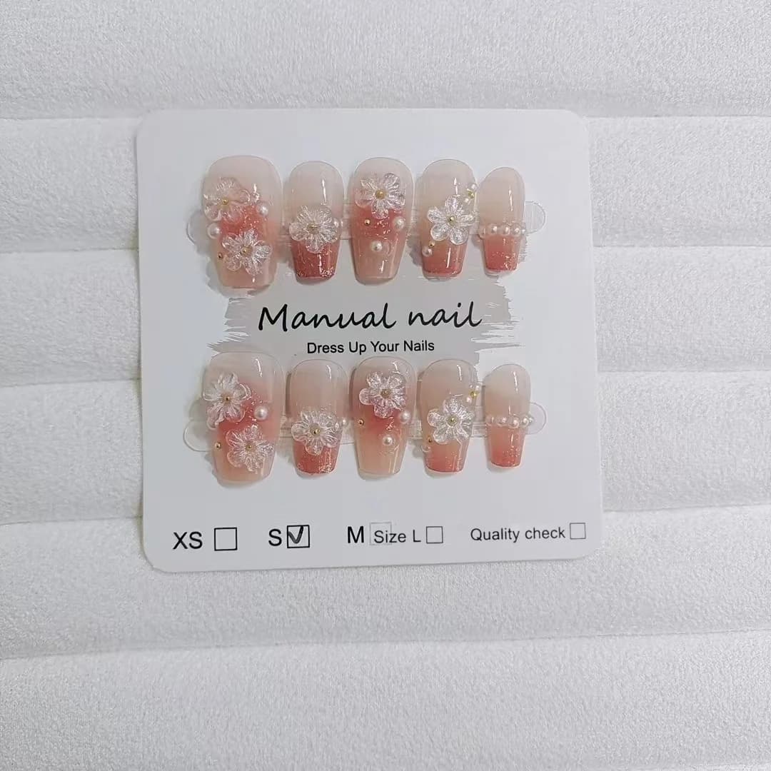 Kuku Palsu Corak Bunga Bentuk Coffin Pendek Reka Bentuk Blush Comel 10 Keping