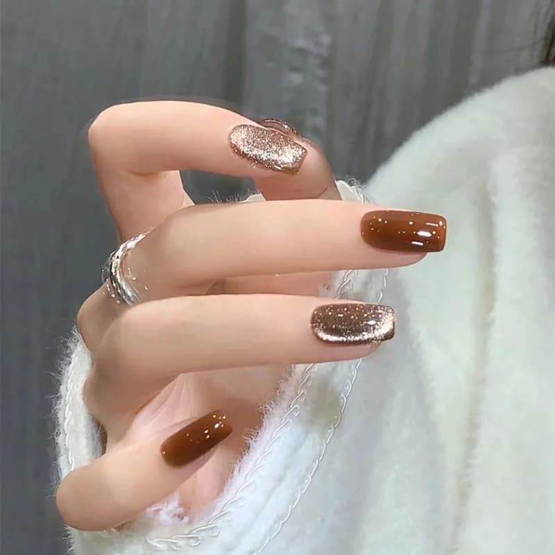 Kuku Palsu Cat Eye Coklat Bentuk Coffin Sederhana Gaya Musim Luruh & Musim Sejuk